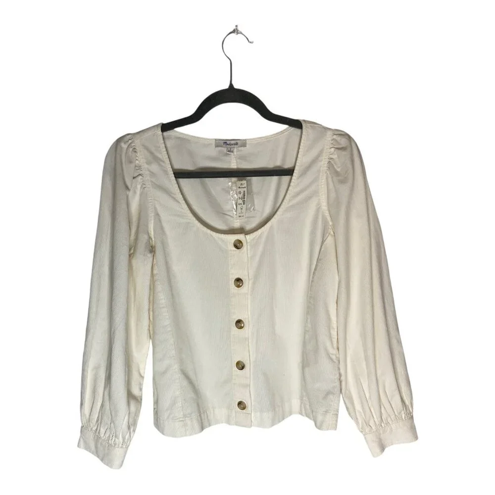 NWT Madewell Corduroy Shirred-Sleeve Button-Front Cream Top-sz small